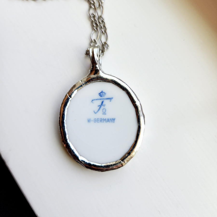 White Lily Repurposed China Pendant