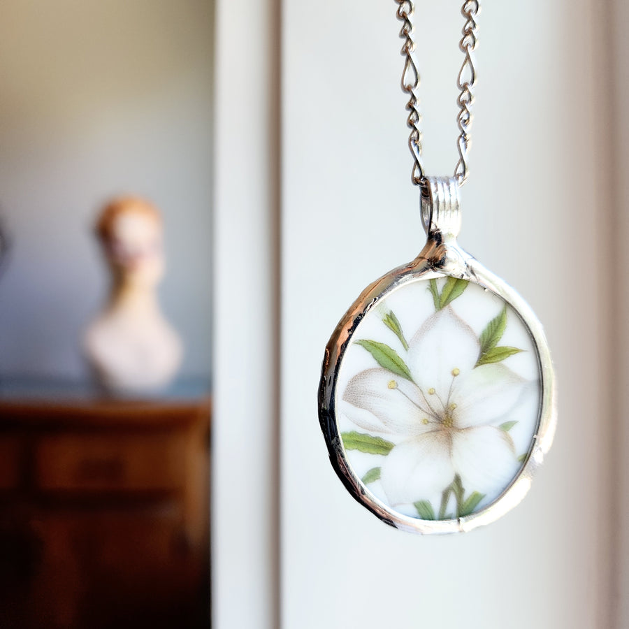 White Lily Repurposed China Pendant