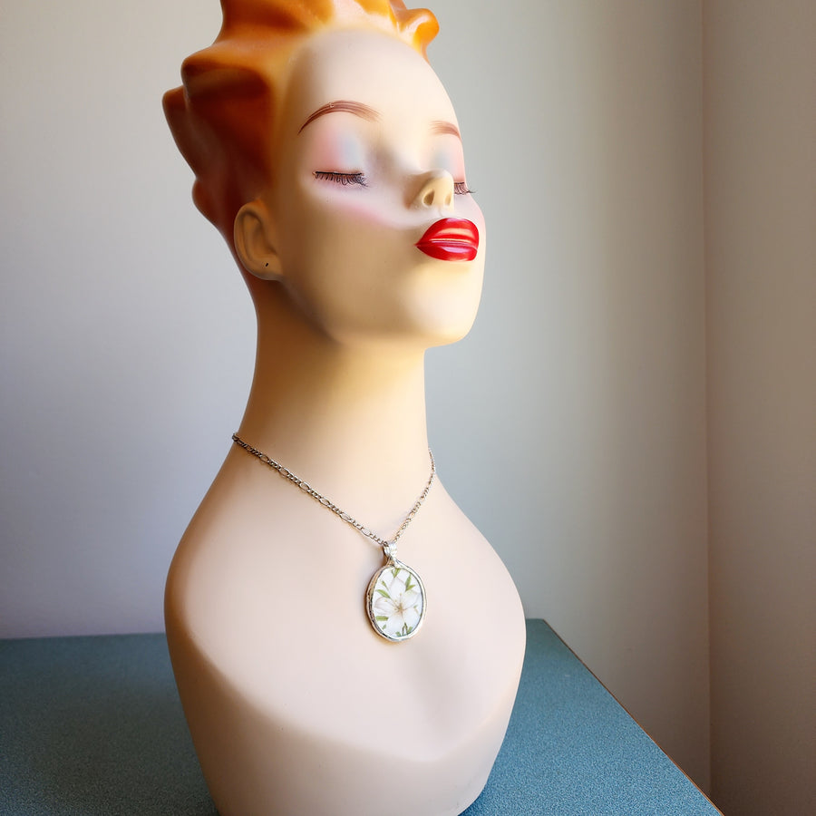 White Lily Repurposed China Pendant