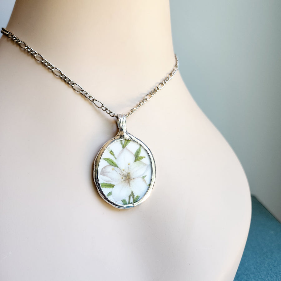 White Lily Repurposed China Pendant