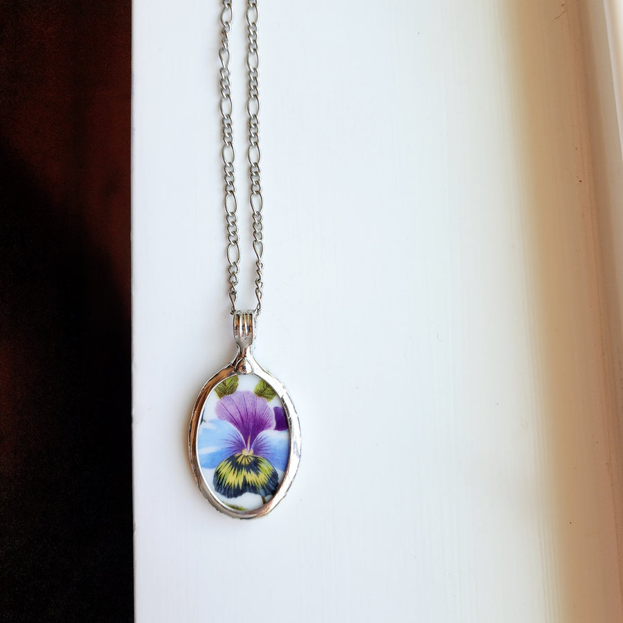 Pansy Flowers Pendant from Recycled China Plate