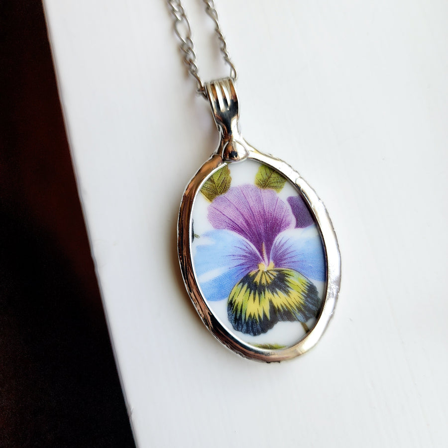 Pansy Flowers Pendant from Recycled China Plate