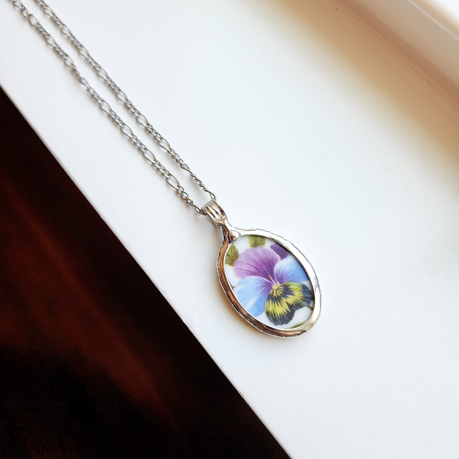 Pansy Flowers Pendant from Recycled China Plate