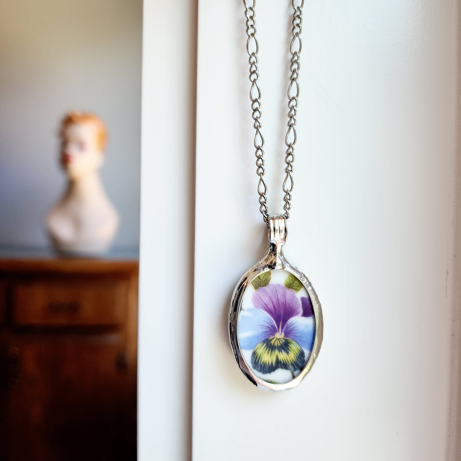 Pansy Flowers Pendant from Recycled China Plate