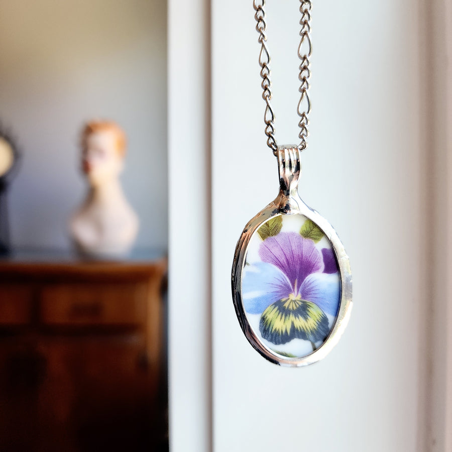 Pansy Flowers Pendant from Recycled China Plate