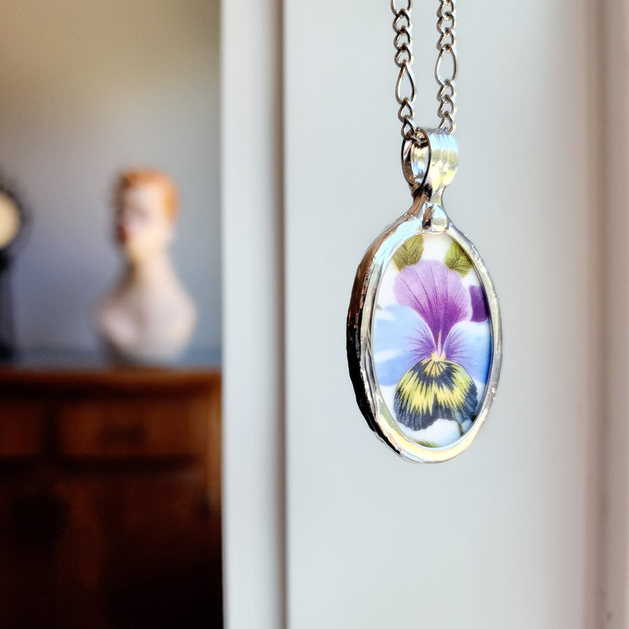 Pansy Flowers Pendant from Recycled China Plate