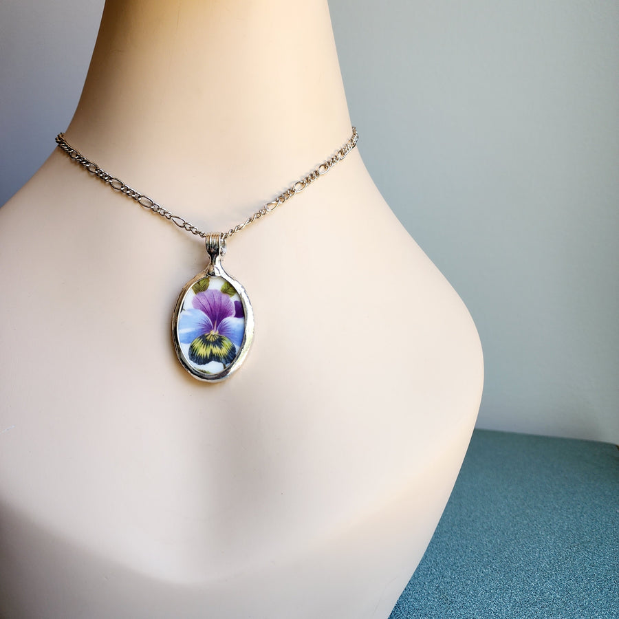 Pansy Flowers Pendant from Recycled China Plate