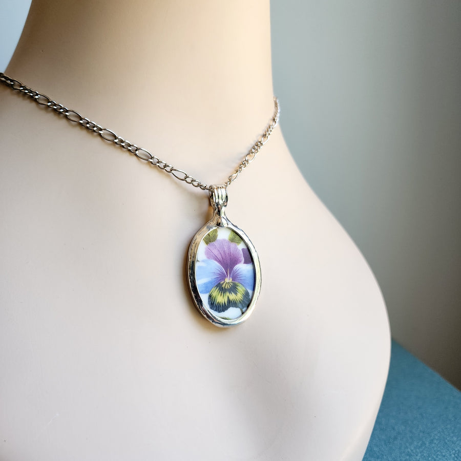 Pansy Flowers Pendant from Recycled China Plate