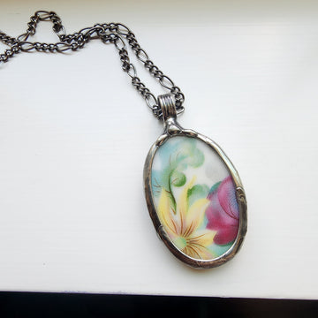 Repurposed China Pendant, Subtle Mixed Flowers Necklace