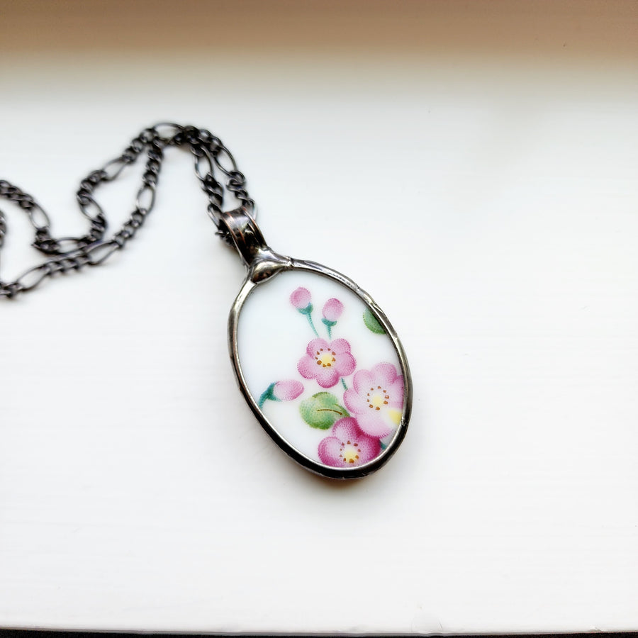 Pink Flowers Repurposed China Pendant