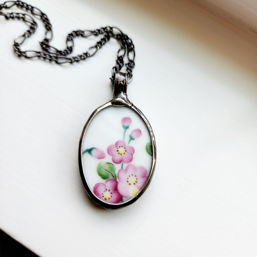 Pink Flowers Repurposed China Pendant