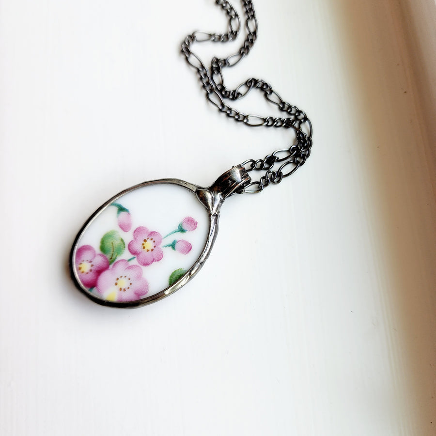 Pink Flowers Repurposed China Pendant