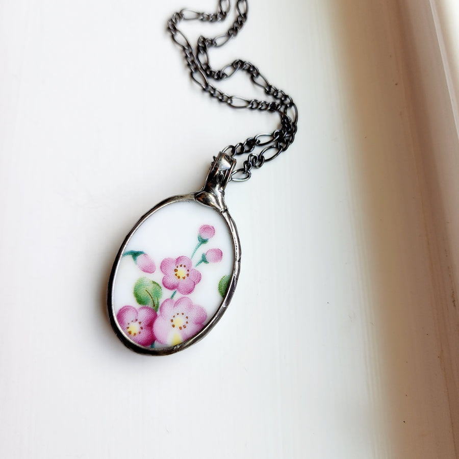Pink Flowers Repurposed China Pendant