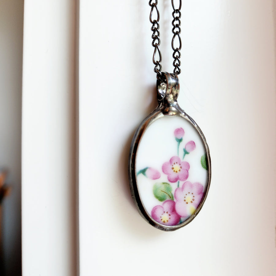 Pink Flowers Repurposed China Pendant