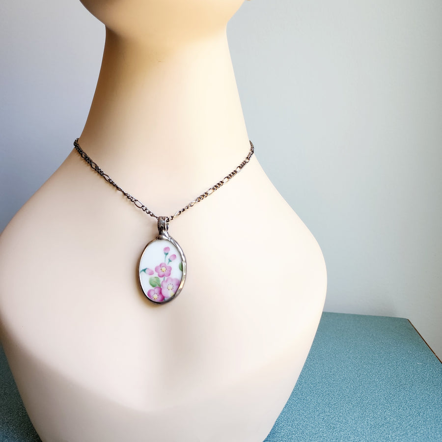 Pink Flowers Repurposed China Pendant