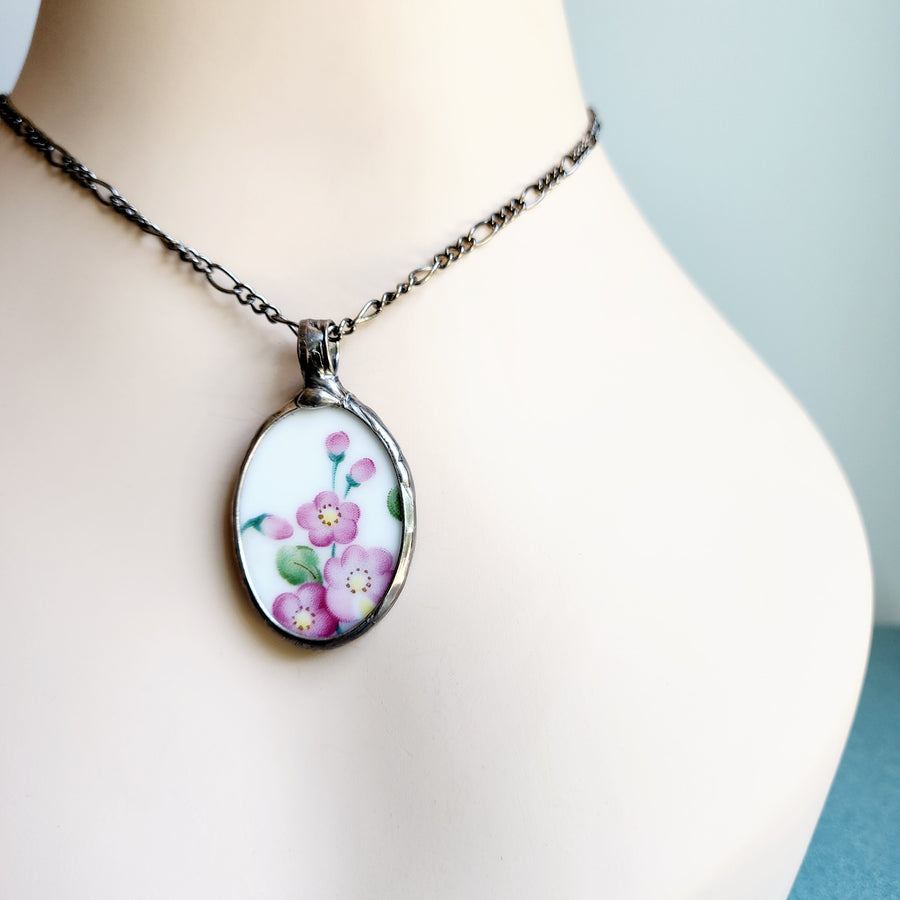 Pink Flowers Repurposed China Pendant