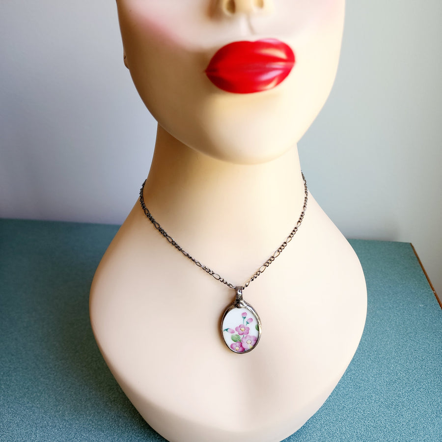 Pink Flowers Repurposed China Pendant