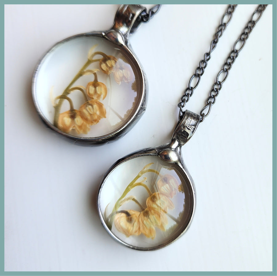 lily of the valley pressed flower necklace Handmade Lily of the Valley Round Pendant
