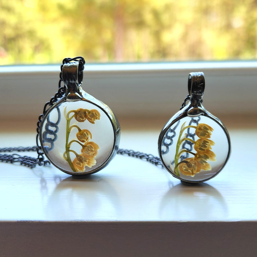 Lily of the Valley, Real Pressed Flower Round Pendant, Small Round