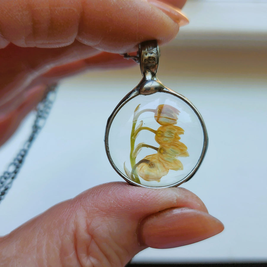 Lily of the Valley, Real Pressed Flower Round Pendant, Small Round