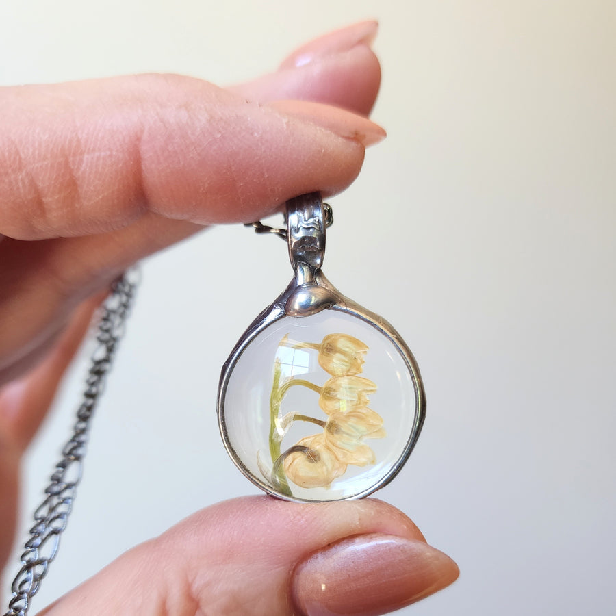 Lily of the Valley, Real Pressed Flower Round Pendant, Small Round