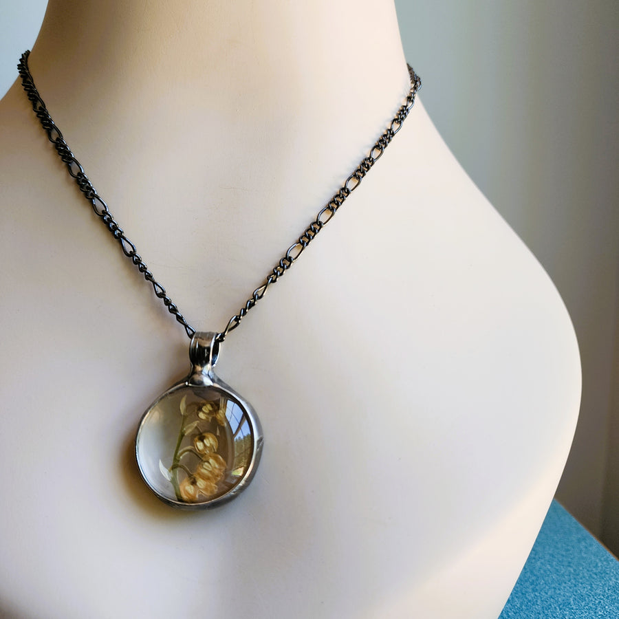 Lily of the Valley, Real Pressed Flower Round Pendant, Small Round