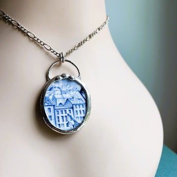 SOLD - Large Housetops Recycled China Plate Pendant Necklace