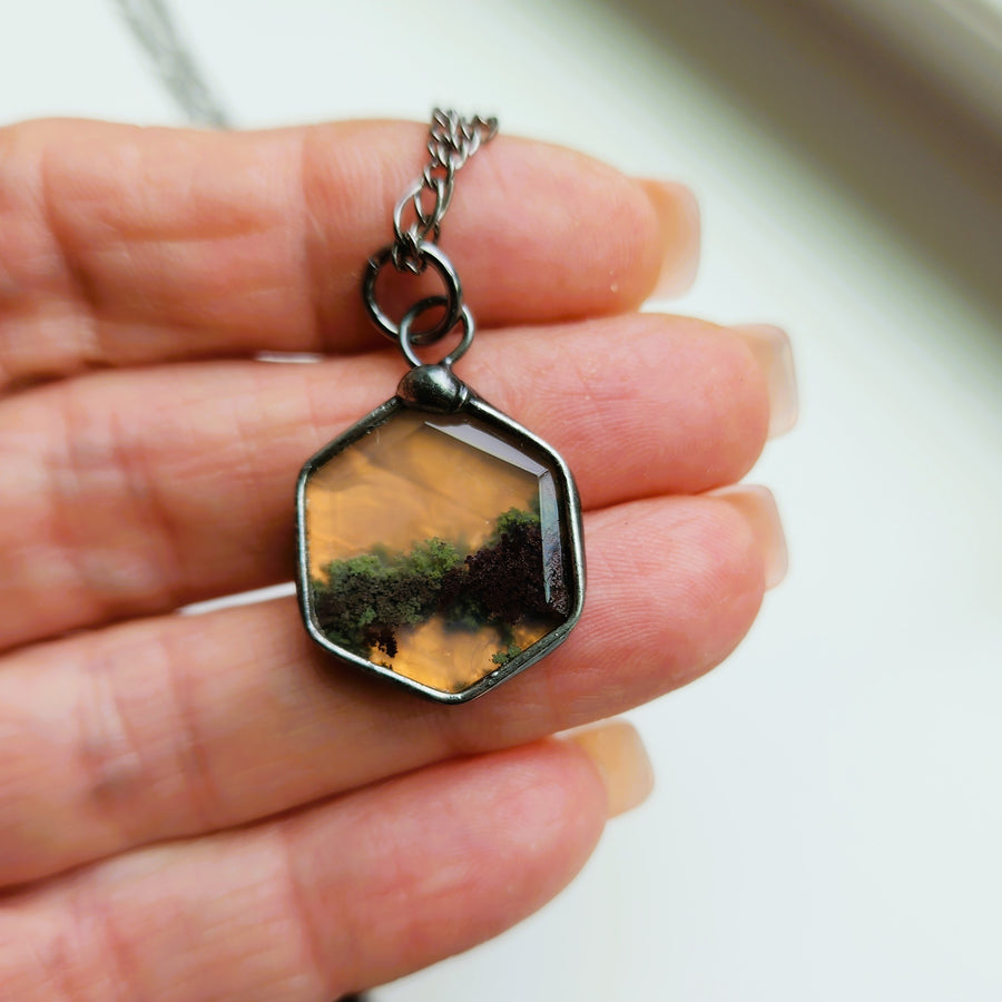SOLD - Hexagon Moss Agate Pendant Necklace