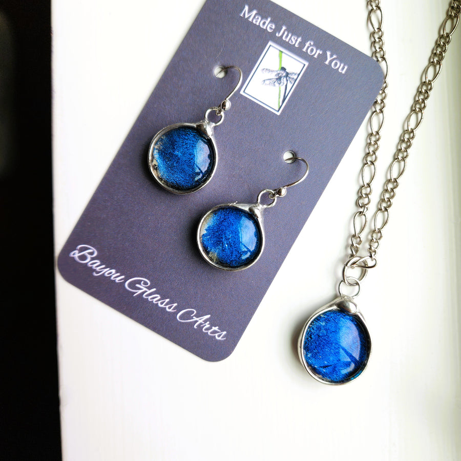 Blue Dichroic Glass Jewelry Set, Earrings and Necklace