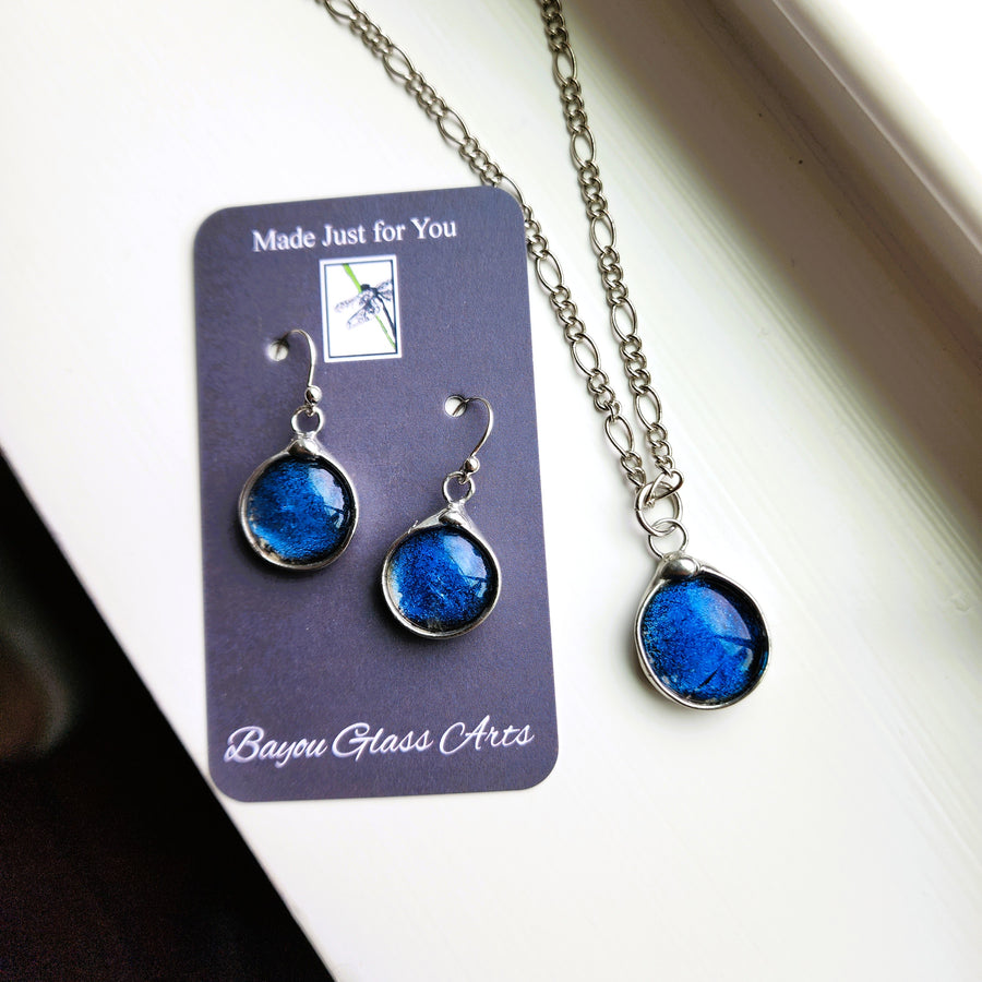 Blue Dichroic Glass Jewelry Set, Earrings and Necklace