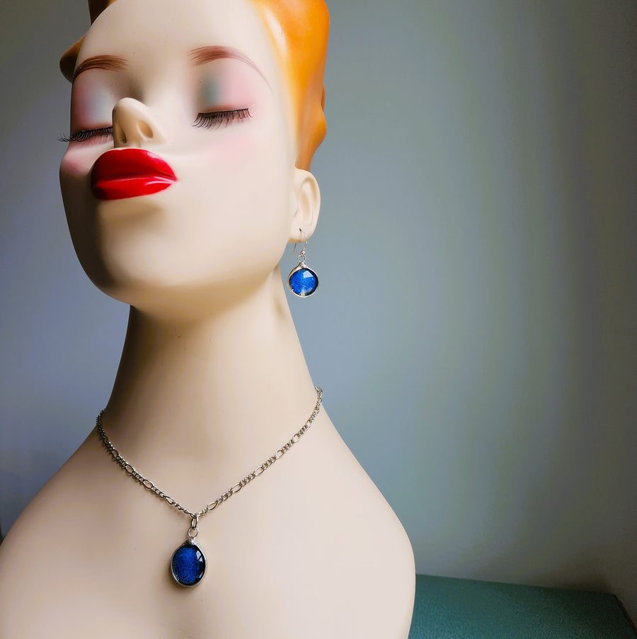 Blue Dichroic Glass Jewelry Set, Earrings and Necklace