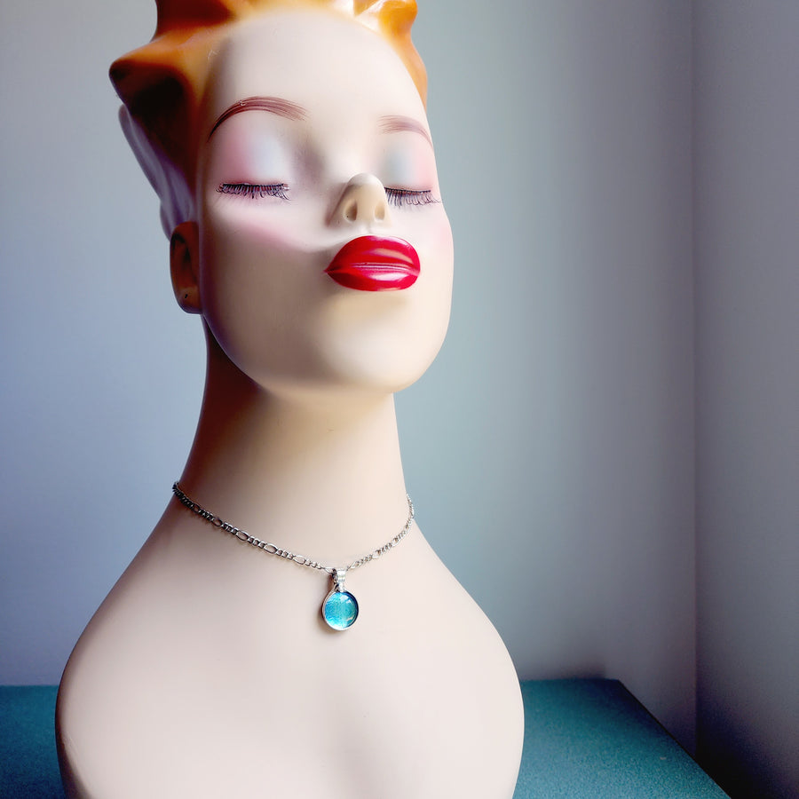 Dichroic Glass Turquoise Blue Dot Pendant Necklace