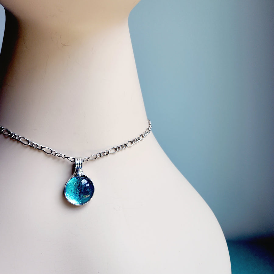 Dichroic Glass Turquoise Blue Dot Pendant Necklace