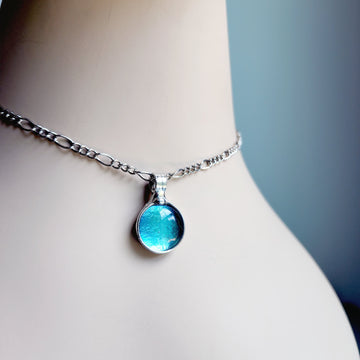 Dichroic Glass Turquoise Blue Dot Pendant Necklace