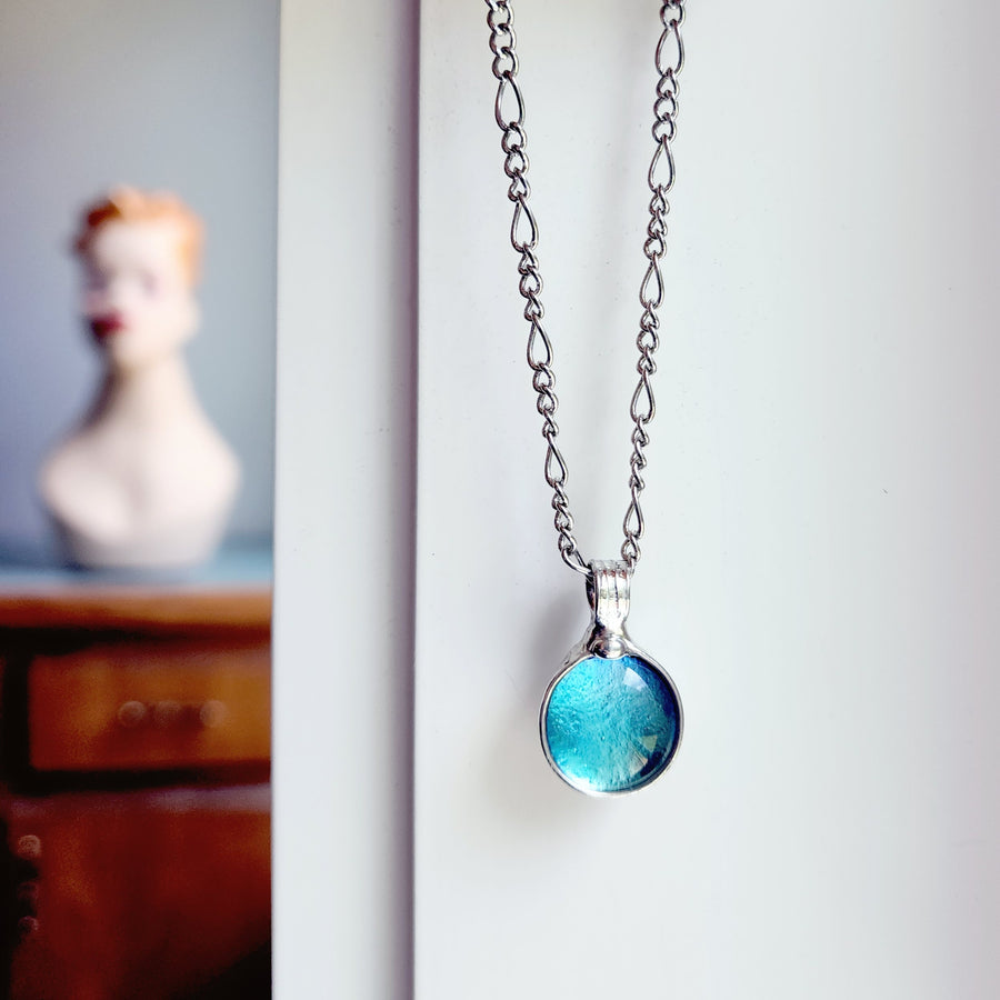 Dichroic Glass Turquoise Blue Dot Pendant Necklace