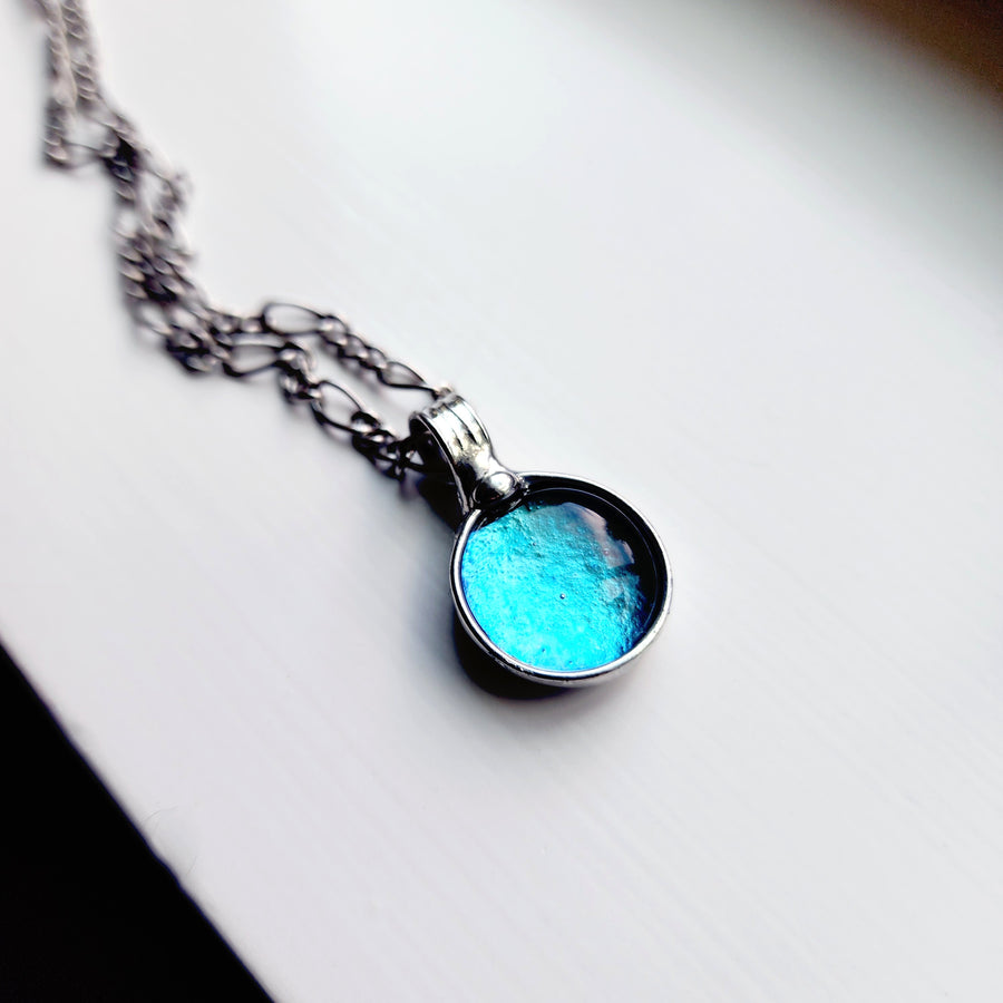 Dichroic Glass Turquoise Blue Dot Pendant Necklace