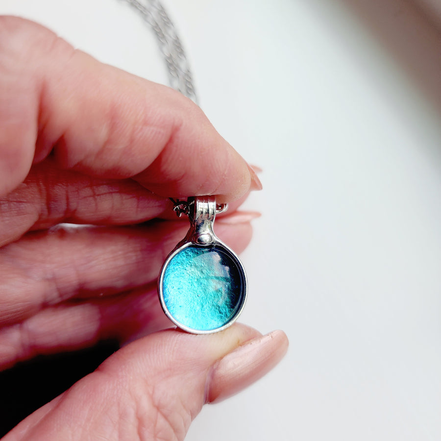 Dichroic Glass Turquoise Blue Dot Pendant Necklace