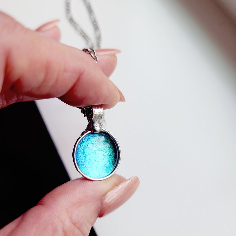 Dichroic Glass Turquoise Blue Dot Pendant Necklace