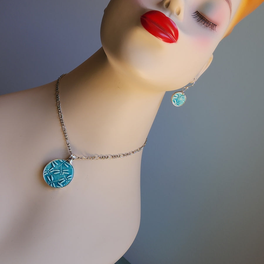 Ceramic Dragonfly Jewelry Set, Pendant Necklace and Earrings