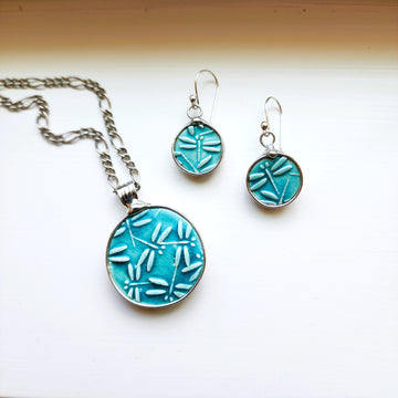 Ceramic Dragonfly Jewelry Set, Pendant Necklace and Earrings