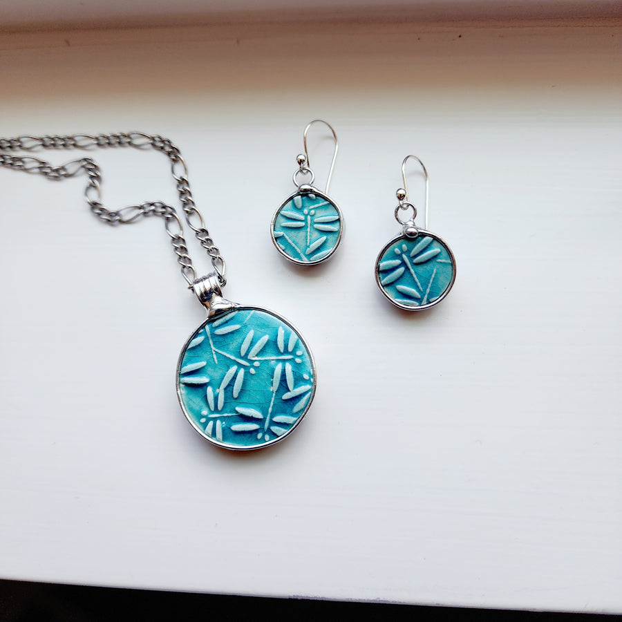 Ceramic Dragonfly Jewelry Set, Pendant Necklace and Earrings