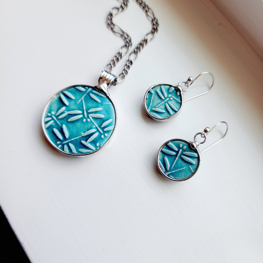 Ceramic Dragonfly Jewelry Set, Pendant Necklace and Earrings