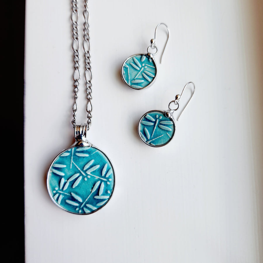 Ceramic Dragonfly Jewelry Set, Pendant Necklace and Earrings