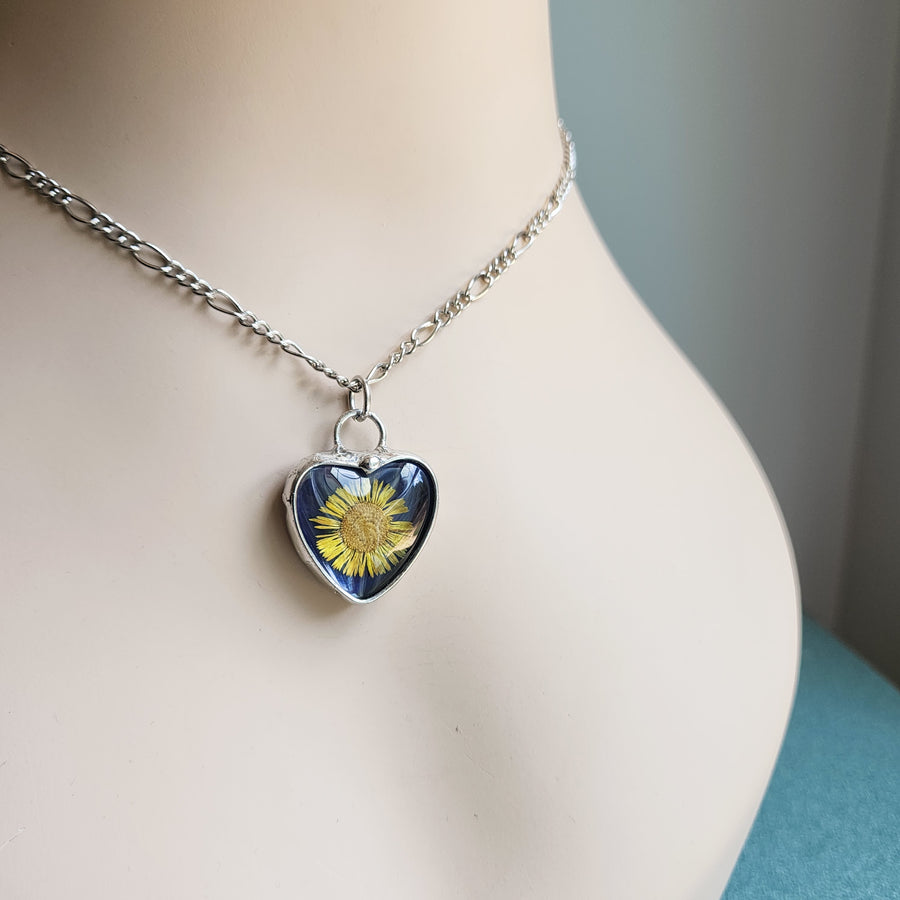 Blue Stained Glass Heart Necklace with Sunflower