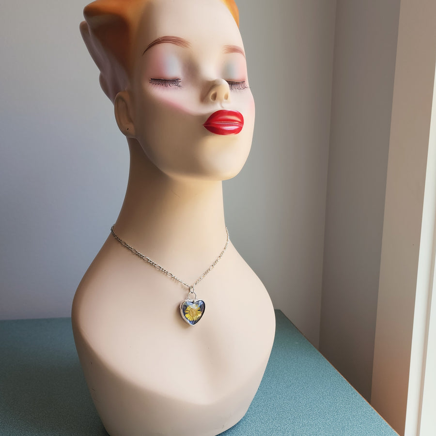 Blue Stained Glass Heart Necklace with Sunflower