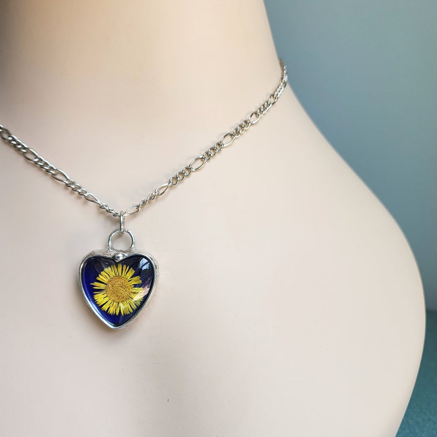 Blue Stained Glass Heart Necklace with Sunflower