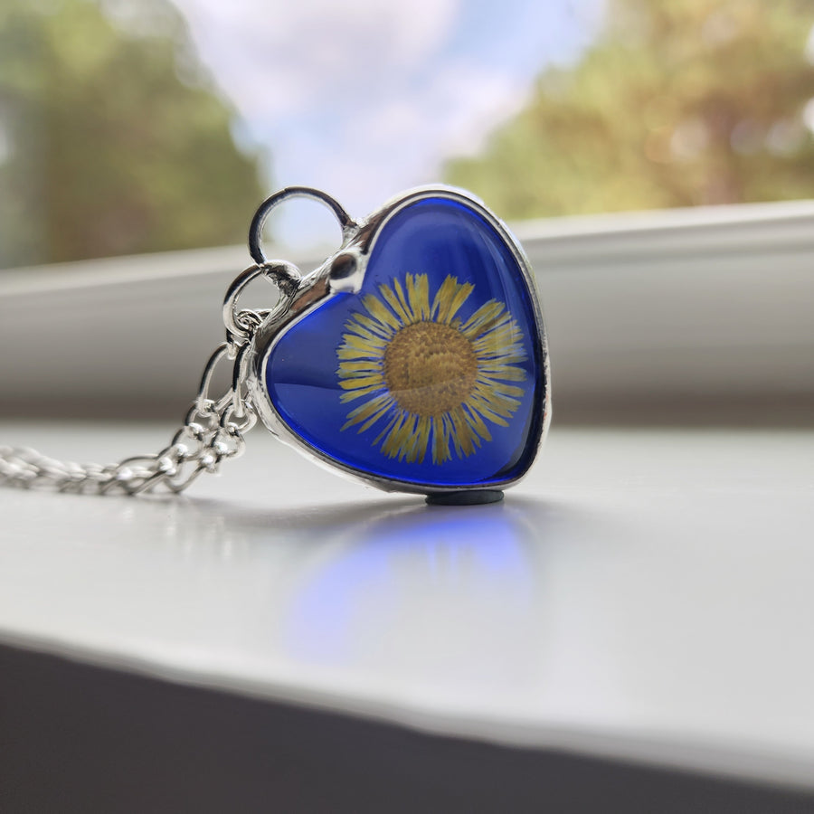 Blue Stained Glass Heart Necklace with Sunflower