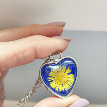 Blue Stained Glass Heart Necklace with Sunflower