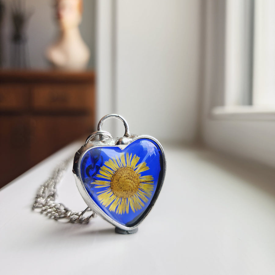 Blue Stained Glass Heart Necklace with Sunflower