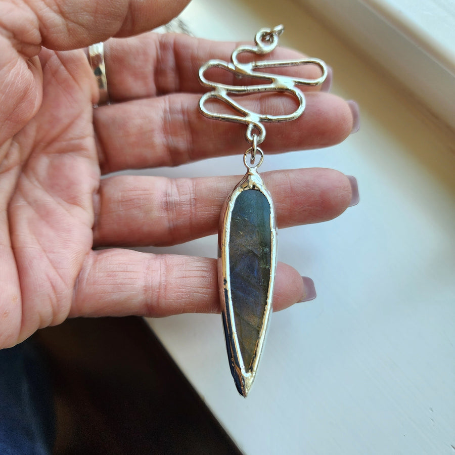 Long Pendant Necklace, Flashy Blue Labradorite, Handcrafted Jewelry